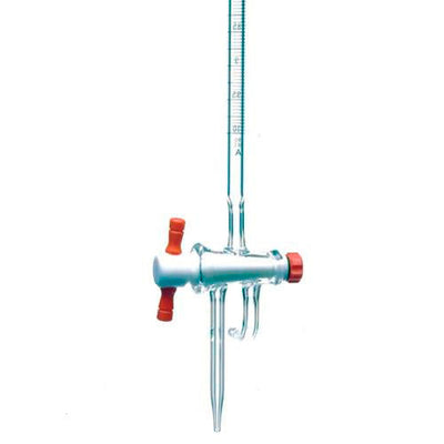 1882. BURETA DE VIDRIO 100ML CLASE A 3 VIAS CERO AUTOMATICA SERIALIZADA/CERTIFICADA C/LLAVE DE TEFLON KIMAX