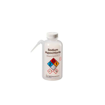 12265. PIZETA (FRASCO LAVADOR) 500ML HIPOCLORITO DE SODIO, BOCA ANGOSTA SALIDA LATERAL C/TAPA BLANCA, ETIQUETA GHS, LDPE PAQUETE C/2 PIEZAS - NALGENE