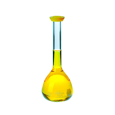 24155. MATRAZ VOLUMETRICO DE VIDRIO 250ML CLASE B C/TAPA TIPO SNAP COLOR AMARILLO KIMAX
