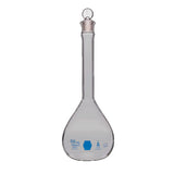 28919. MATRAZ VOLUMETRICO DE VIDRIO 5ML CLASE A CERTIFICADO LOTE, DECORADO AZUL C/TAPON DE VIDRIO KIMAX