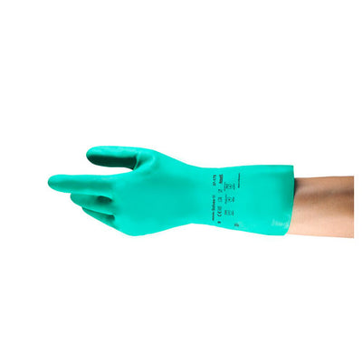 51871. GUANTES DE NITRILO VERDE DE ALTO RENDIMIENTO TALLA GRANDE, GROSOR 15MIL, PROTECCION NORMA EN 374 C/5 - ALPHATEC SOLVEX