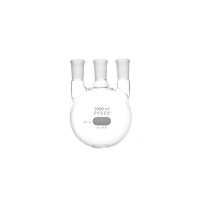 10750. MATRAZ DESTILACION DE VIDRIO 1LT, 3 BOCAS VERTICAL JUNTA 24/40 - PYREX