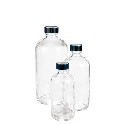 24051. FRASCO DE VIDRIO CLARO 125ML REDONDO S/GRADUACION, BOCA ANGOSTA C/TAPA PLASTICO, CUELLO CORTO PAQUETE C/10 PIEZAS KIMBLE