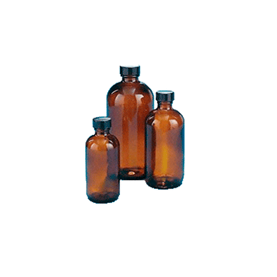 24086. FRASCO DE VIDRIO AMBAR 125ML TIPO BOSTON, BOCA ANGOSTA, LINER DE POLIVINILO PAQUETE C/5 PIEZAS KIMBLE