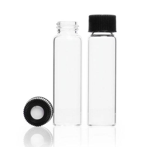 30119. VIAL VIDRIO CLARO 16ML C/TAPA ABIERTA DE POLIPROPILENO NEGRO C/SEPTA DE SILICON REVESTIDA DE TEFLON ROSCA 18-400 C/144 KIMBLE