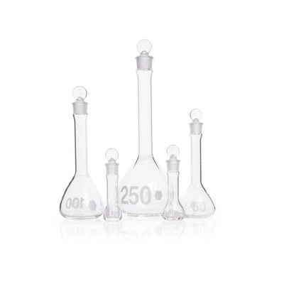 24187. MATRAZ VOLUMETRICO DE VIDRIO 100ML CLASE A, BOCA ANCHA C/TAPON DE VIDRIO KIMAX