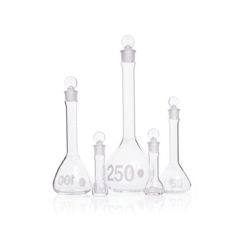 24187. MATRAZ VOLUMETRICO DE VIDRIO 100ML CLASE A, BOCA ANCHA C/TAPON DE VIDRIO KIMAX