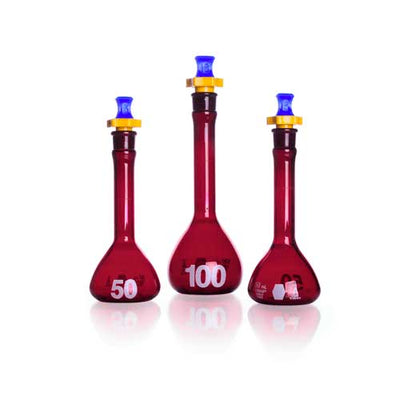 24191. MATRAZ VOLUMETRICO DE VIDRIO AMBAR 1000ML CLASE A, RAY-SORB, BOCA ANCHA C/TAPON DE POLIETILENO KIMAX