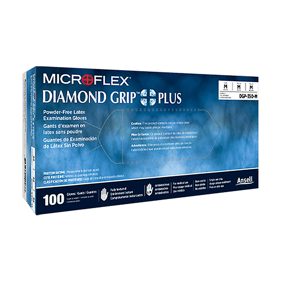 1033. GUANTES DE LATEX NATURAL SIN POLVO, TEXTURIZADO, PUÑO EXTENDIDO DIAMOND GRIP PLUS PAQUETE C/100 PIEZAS - MICROFLEX