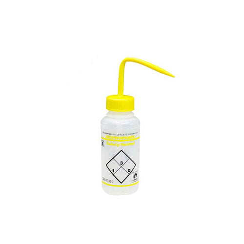 22208. PIZETA (FRASCO LAVADOR) 250ML ISOPROPANOL, BOCA ANCHA SALIDA SUPERIOR C/TAPA AMARILLA, LDPE BEL-ART