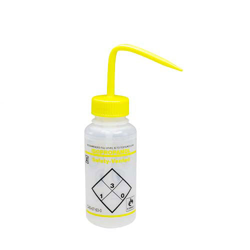 22205. PIZETA (FRASCO LAVADOR) 500ML ISOPROPANOL, BOCA ANCHA SALIDA SUPERIOR C/TAPA AMARILLA, LDPE BEL-ART