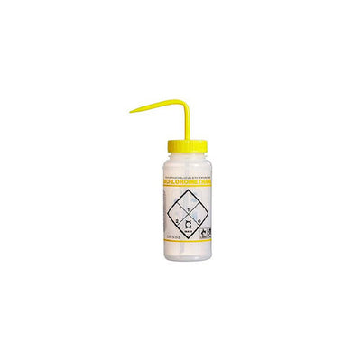 22215. PIZETA (FRASCO LAVADOR) 500ML DICLOROMETANO, BOCA ANCHA SALIDA SUPERIOR C/TAPA AMARILLA, LDPE BEL-ART