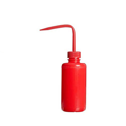 22195. PIZETA (FRASCO LAVADOR) 250ML ROJO BOCA ANGOSTA SALIDA SUPERIOR C/TAPA ROJA, LDPE BEL-ART