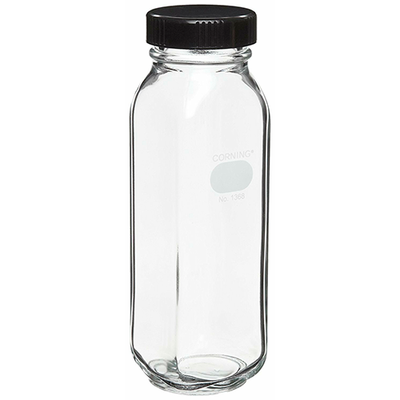 6079. BOTELLA DE VIDRIO P/DILUCION DE LECHE 160ML BOCA ANCHA C/TAPA DE ROSCA PYREX