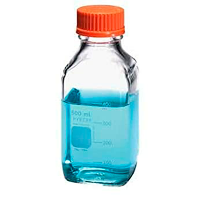 5805. FRASCO VIDRIO CLARO 500ML P/MEDIO DE CULTIVO GRADUADO CUADRADA - PYREX