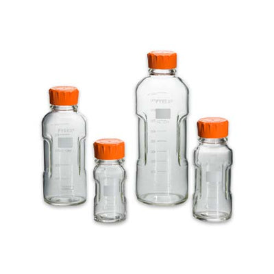 15051. FRASCO VIDRIO CLARO 125ML P/ALMACENAMIENTO DE MEDIOS C/TAPON DE ROSCA NARANJA GL45 PYREX