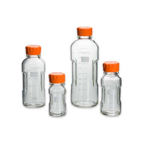 15058. FRASCO VIDRIO CLARO 250ML P/ALMACENAMIENTO DE MEDIOS C/TAPON DE ROSCA NARANJA GL45 PYREX