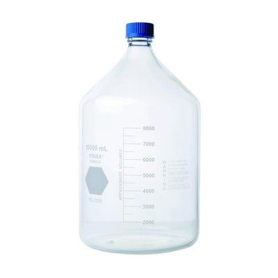 4896. FRASCO VIDRIO CLARO 10LT GL45 C/TAPA AZUL Y ANILLO DE POLIPROPILENO - KIMAX
