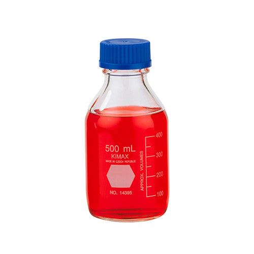 10849. FRASCO VIDRIO CLARO 500ML GL45 C/TAPA AZUL Y ANILLO DE POLIPROPILENO KIMAX