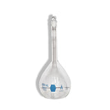 12716. MATRAZ VOLUMETRICO DE VIDRIO 1LT CLASE A CERTIFICADO LOTE, DECORADO AZUL C/TAPON DE VIDRIO - KIMAX