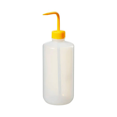 11115. PIZETA (FRASCO LAVADOR) 500ML BOCA ANGOSTA SALIDA SUPERIOR C/TAPA AMARILLA LDPE NALGENE