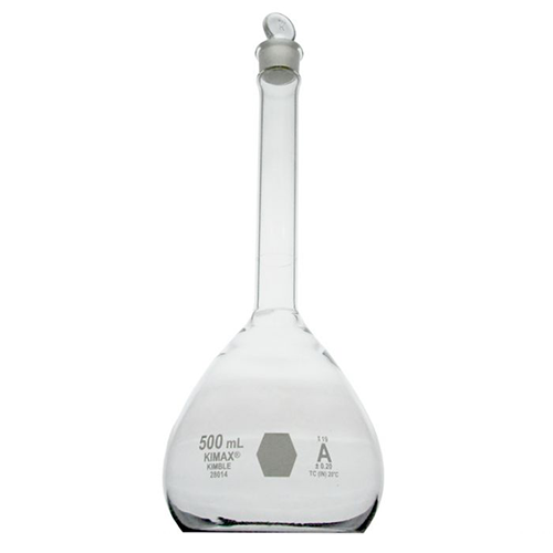 5653. MATRAZ VOLUMETRICO DE VIDRIO 500ML CLASE A C/TAPON DE VIDRIO - KIMAX