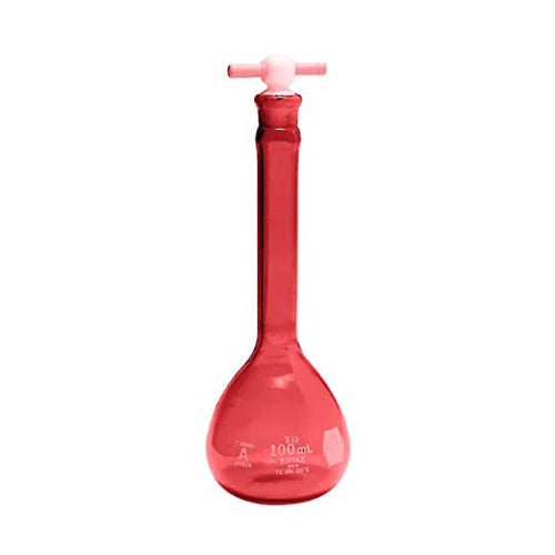 5757. MATRAZ VOLUMETRICO DE VIDRIO 50ML CLASE A RAY-SORB AMBAR C/TAPON PE, CERTIFICADO POR LOTE - KIMAX