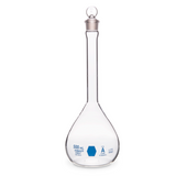 18312. MATRAZ VOLUMETRICO DE VIDRIO 10ML CLASE A CERTIFICADO LOTE, DECORADO AZUL C/TAPON DE VIDRIO - KIMAX
