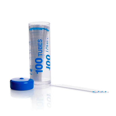 10833. TUBO CAPILAR DE VIDRIO 1.1MM X 75MM LISO (SIN HEPARINA) CODIGO AZUL VIAL C/100 PIEZAS KIMBLE