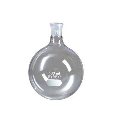 50667. MATRAZ DE EBULLICION DE VIDRIO 500ML FONDO REDONDO CUELLO CORTO UNION ESMERILADA 24/40 - PYREX