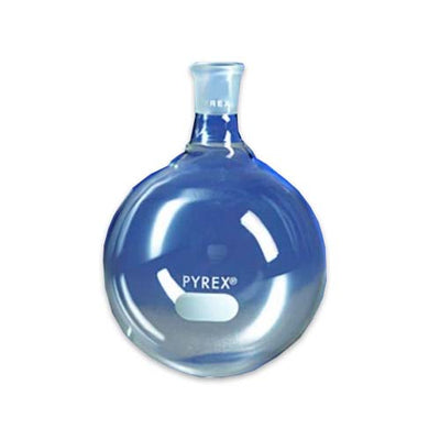 15176. MATRAZ DE EBULLICION DE VIDRIO 5LT FONDO REDONDO CUELLO CORTO UNION ESMERILADA 45/50 - PYREX