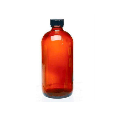 10930. FRASCO VIDRIO AMBAR 250ML TIPO BOSTON TAPA FENOLICA NEGRA, LINER PULPA/VINILO PAQUETE C/5 PIEZAS KIMBLE