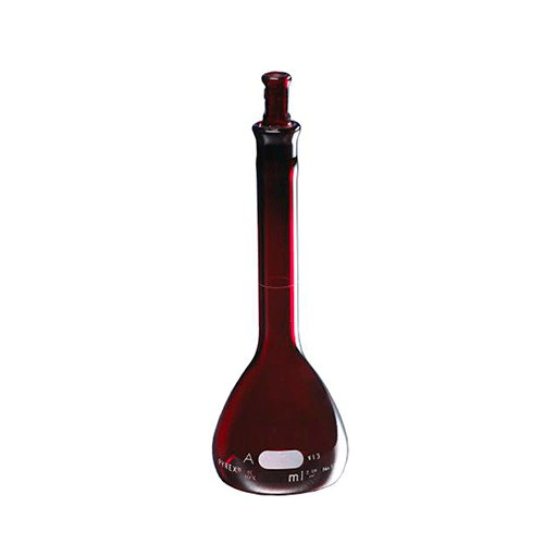 2249. MATRAZ VOLUMETRICO DE VIDRIO 500ML CLASE A CERTIFICADO/SERIALIZADO BAJO ACTINICO C/TAPON ESMERILADO - PYREX