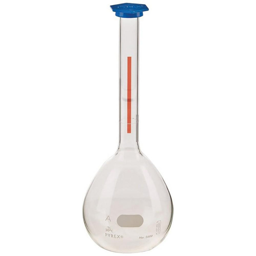 1302. MATRAZ VOLUMETRICO DE VIDRIO CLASE A 2LT LINEA ROJA C/TAPON DE PLASTICO SNAP-CAP - PYREX