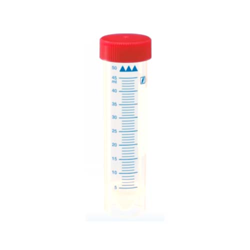 21341. TUBO ROSCADO DE POLIPROPILENO 50ML FONDO CONICO C/FALDON ESTERIL C/TAPON ROJO 115X28MM PAQUETE C/25 PIEZAS - SARSTEDT