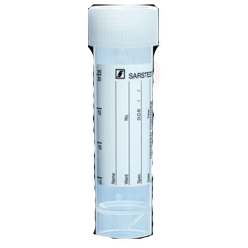 25532. TUBO DE POLIPROPILENO 25ML, 90X25MM ROSCADO, FONDO CONICO C/FALDON C/TAPON BLANCO Y ETIQUETA DE PAPEL CAJA C/500 PIEZAS SARSTEDT