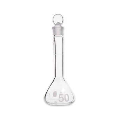 14210. MATRAZ VOLUMETRICO DE VIDRIO 50ML CLASE A CLARO HD, BOCA ANCHA, CERTIFICADO INDIVIDUAL, TAPON VIDRIO - KIMAX