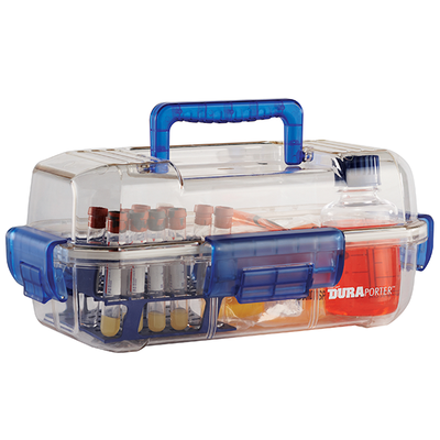 1030. CAJA DE POLICARBONATO TRANSPARENTE P/TRANSPORTE DE MUESTRAS C/ASAS AZULES DURAPORTER - HEATHROW