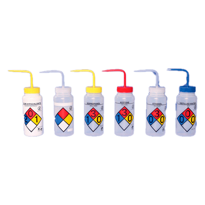 26049. PIZETA (FRASCO LAVADOR) 500ML ACETONA, BOCA ANCHA SALIDA SUPERIOR C/TAPA ROJA Y VENTILACION, ETIQUETA 4 COLORES, LDPE BEL-ART
