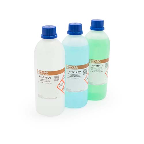 55202. KIT DE SOLUCION ESTANDAR DE FLUORURO (1PPM TISAB II, 10PPM TISAB II, TISAB II) 4 FRASCOS DE 500ML HANNA