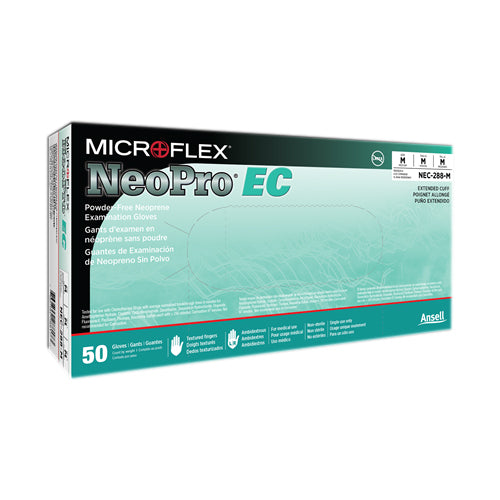 18448. GUANTES DE NEOPRENO VERDE SIN POLVO C/PUÑO EXTENDIDO NEOPRO EC TALLA GRANDE PAQUETE C/50 PIEZAS - MICROFLEX