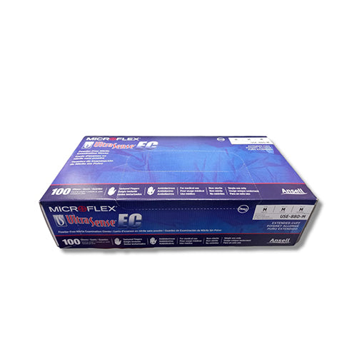 12167. GUANTES DE NITRILO AZUL SIN POLVO, PUÑO EXTENDIDO ULTRASENSE TALLA MEDIANA PAQUETE C/100 PIEZAS - MICROFLEX
