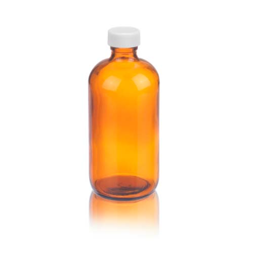 17394. FRASCO VIDRIO AMBAR 236ML (8OZ) BOCA ANGOSTA C/TAPA DE POLIPROPILENO BLANCA PAQUETE C/3 PIEZAS - WHEATON