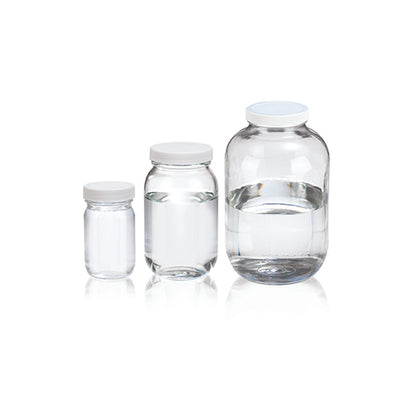 10936. FRASCO VIDRIO CLARO 118ML (4OZ) BOCA ANCHA C/TAPA BLANCA DE POLIPROPILENO, LINER TEFLON C/3 WHEATON