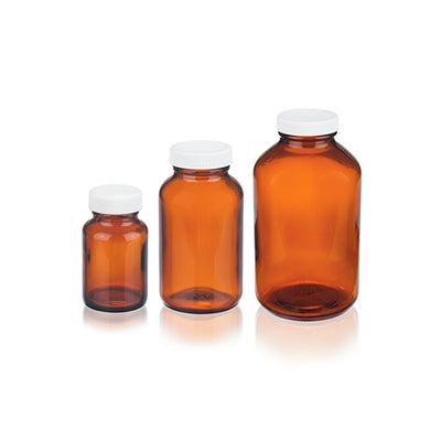 10938. FRASCO VIDRIO AMBAR 473ML (16OZ) BOCA ANCHA C/TAPA BLANCA DE POLIPROPILENO, LINER PVC C/3 WHEATON