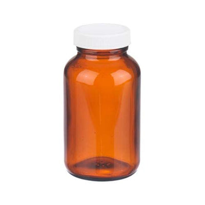 17387. FRASCO VIDRIO AMBAR 118ML (4OZ) BOCA ANCHA C/TAPA DE POLIPROPILENO BLANCA, LINER PTFE PAQUETE C/5 PIEZAS - WHEATON
