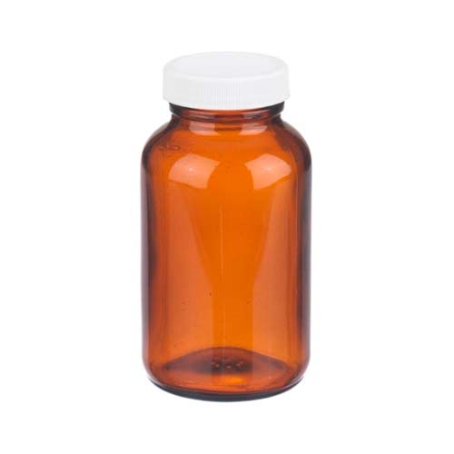 17387. FRASCO VIDRIO AMBAR 118ML (4OZ) BOCA ANCHA C/TAPA DE POLIPROPILENO BLANCA, LINER PTFE PAQUETE C/5 PIEZAS - WHEATON