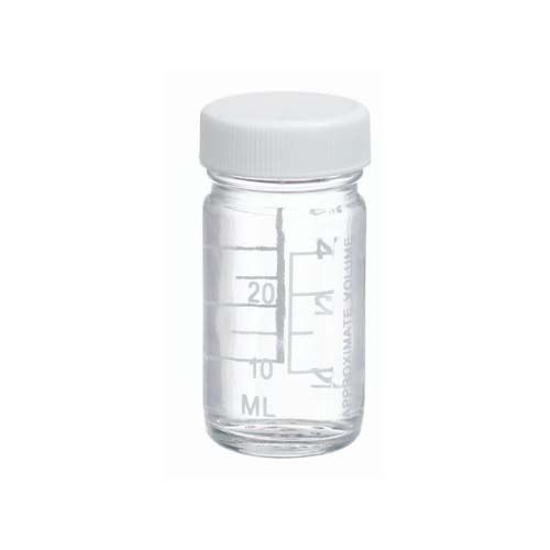 17464. FRASCO VIDRIO CLARO 30ML BOCA ANCHA GRADUADO C/TAPA BLANCA Y REVESTIMIENTO DE PVC PAQUETE C/5 PIEZAS - WHEATON