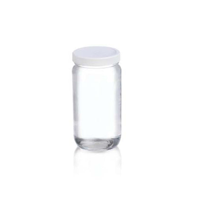 17449. FRASCO VIDRIO CLARO 236ML (8OZ) BOCA ANCHA C/TAPA DE POLIPROPILENO BLANCA, REVESTIMIENTO DE PVC PAQUETE C/5 PIEZAS - WHEATON