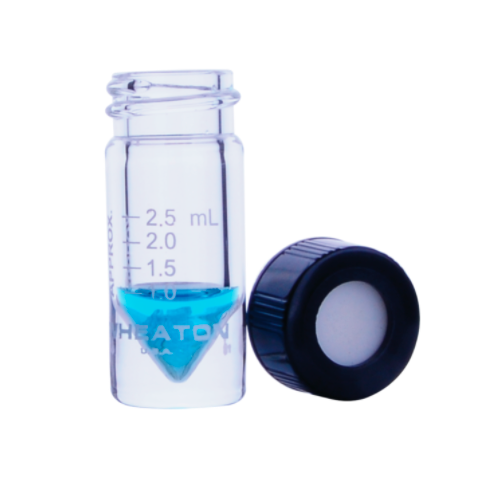 17733. VIAL VIDRIO CLARO 3ML, 20X50MM GRADUADO C/TAPON FENOLICO NEGRO ABIERTO Y REVESTIMIENTO DE TEFLON/SILICON CAJA C/12 PIEZAS - WHEATON